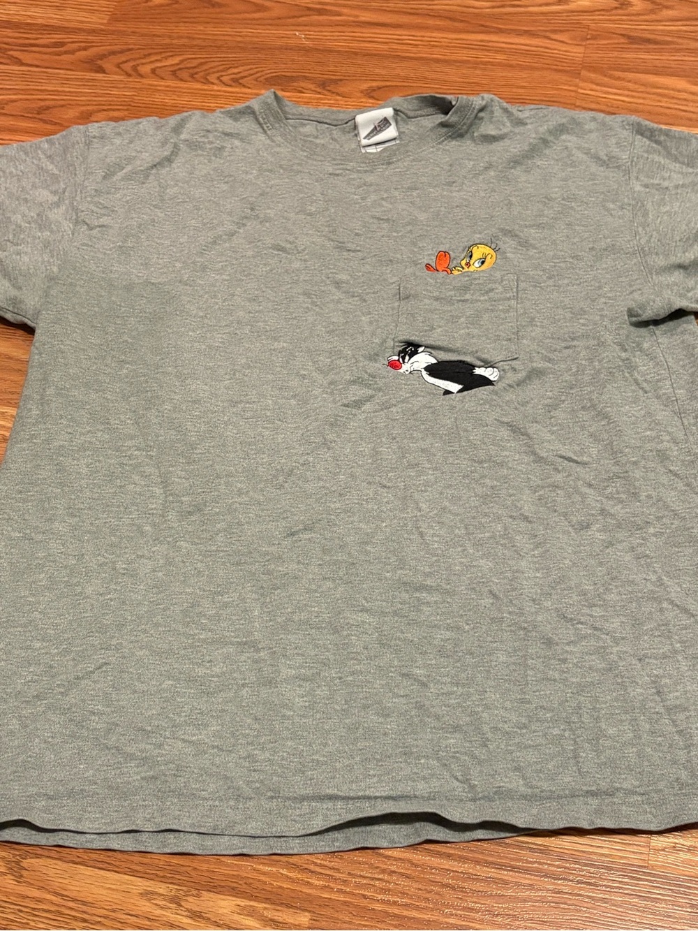 Vintage Grey Pocket Tee with Tweety & Sylvester Embroidery
